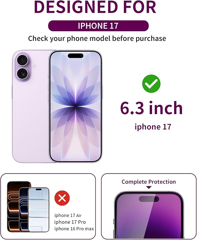 3 Pack Privacy Screen Protector for iPhone 17 Tempered Glass 6.3inch Private Saver Anti-Spy Eye Protection Anti-Scratch Full Coverage