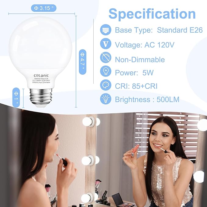 Cotanic 5000K Daylight Globe Light Bulbs, E26 Standard Base, 5W(60 Watt Equivalent Incandescent Replacement), 500LM, Non-Dimmable, 8-Pack, Bathroom G25 LED Vanity Light Bulb