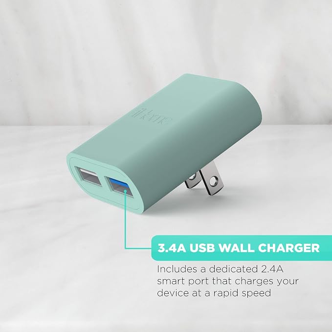 iHome Slim 2-Port USB Wall Charger, Flat Multiport Travel Plug Adapter | Dual USB-A ports, 2.4A Rapid Charge, Foldable Prongs, Slim Design, Compatible with iPhone, Android, iPad, AirPods for Home
