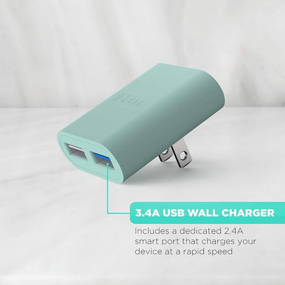 iHome Slim 2-Port USB Wall Charger, Flat Multiport Travel Plug Adapter | Dual USB-A ports, 2.4A Rapid Charge, Foldable Prongs, Slim Design, Compatible with iPhone, Android, iPad, AirPods for Home