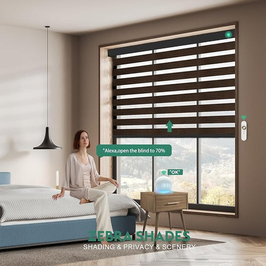 Motorized Zebra Blinds with Remote [Dual Layer + Light Filtering] 60% Blackout Smart Shades for Indoor Windows, Alexa Google and HomeKit Compatible, Customized Size, Woven Violet
