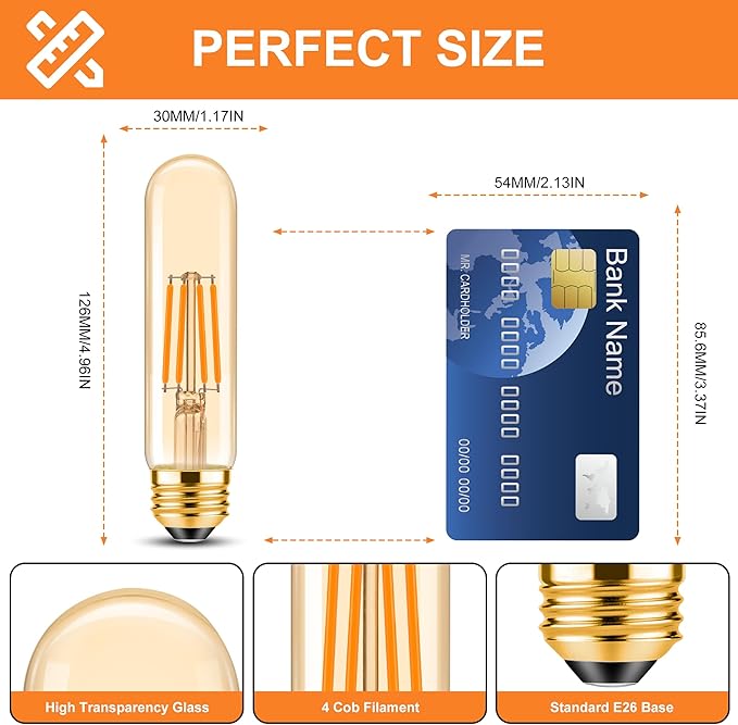 ToBeGreat T30 Light Bulbs 4 Watt Equivalent 40W Bulb E26 Tubular Bulbs T10 Amber LED Bulb Warm White 2200K Chandelier Desk Lamp Kitchen Bedbroom Bathroom,Dimmable,2 Pack