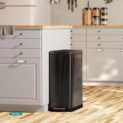 Home Zone Living 12 Gallon Slim Kitchen Trash Can with Soft Close Lid, Step Pedal, Bag Tuck Band, and Removable Liner, Stainless Steel, Black