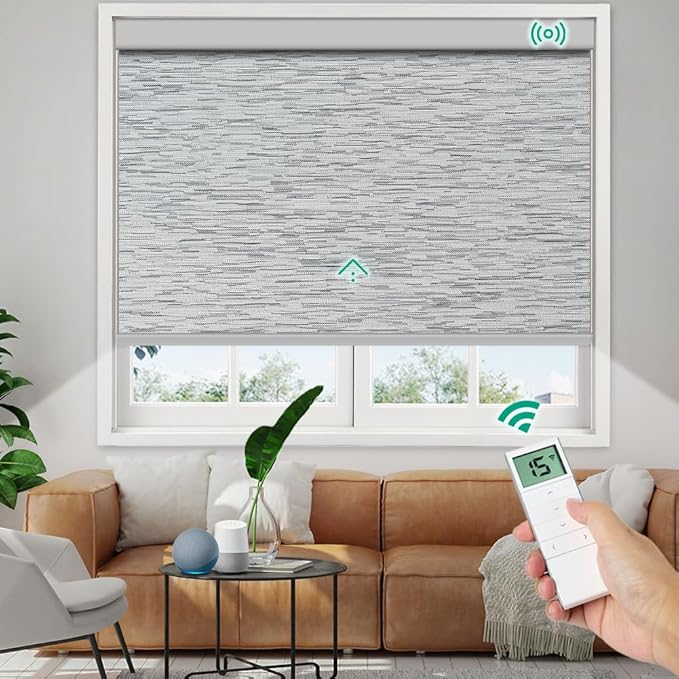 Motorized Roller Shades, 10O% Blackout Remote Control Custom Window Shades Compatible with Alexa Google Assistant via RF Hub, Rechargeable Electric Blinds for Windows (Texture Grey)