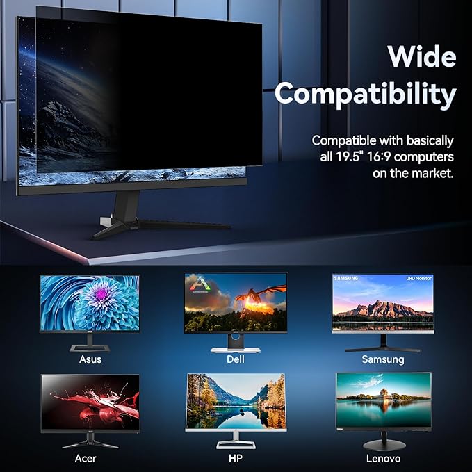 19 Inch Computer Privacy Screen Filter for 16:9 Widescreen Monitor, Removable Eye Protection Anti Glare Blue Light Filter Privacy Shield, Anti Scratch Anti Spy Screen Protector Film 19 in