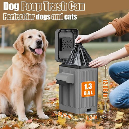 Dog Poop Trash Can for Outside & Indoor, 5L/1.3Gal Small Pet Waste Bin with Odor Control Carbon Filter Lid, 2-Way Open (Step & Press Top), Dog Waste Container with Bag Holder, Grey
