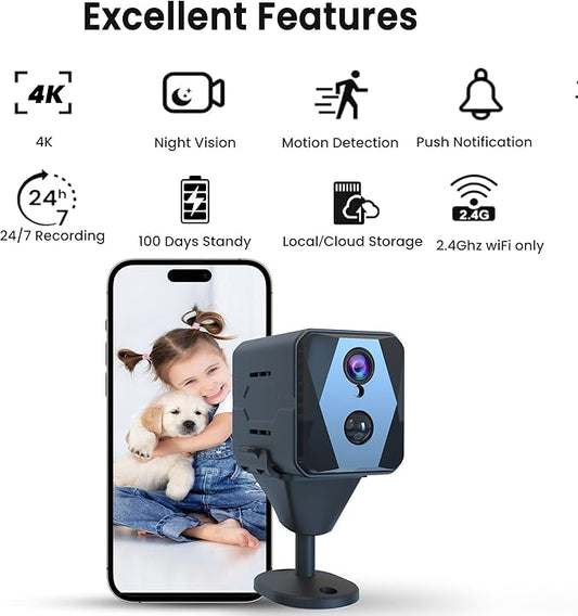 vebiliki Indoor Camera, 4K Security Camera, Wireless Camera, Real-Time Recording, AI Motion Detection, Support Cloud & TF Storage, Auto Night Vision, WiFi Cameras for Home Security, 2.4G WiFi Only