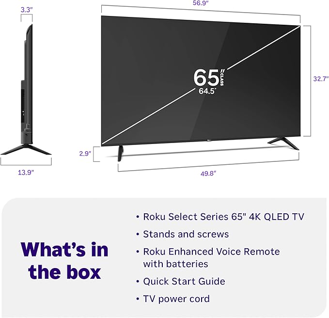 Roku Smart TV 2026 – 65-Inch Select Series, 4K QLED TV – Roku TV with Voice Remote – Flat Screen QLED Television with Wi-Fi for Streaming Live Local News, Sports, & Movies – Bluetooth Headphone Mode