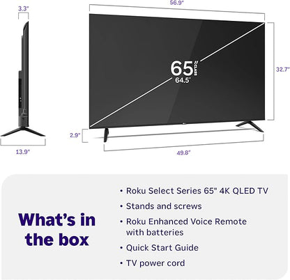Roku Smart TV 2026 – 65-Inch Select Series, 4K QLED TV – Roku TV with Voice Remote – Flat Screen QLED Television with Wi-Fi for Streaming Live Local News, Sports, & Movies – Bluetooth Headphone Mode