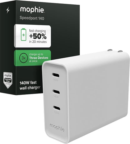 Mophie Speedport 140 GAN USB-C Charger Block - 140W Fast Wall Charger, 3× USB‑C PD Ports, Compact Foldable Prongs, Made with Recycled Materials, for Smartphones, Tablets, Headphones