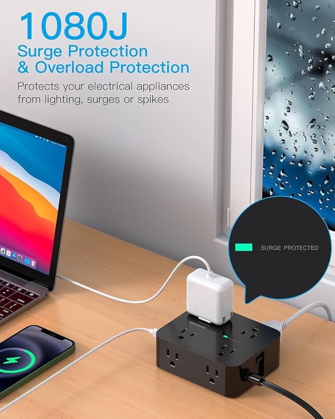 Power Strip Surge Protector, 5Ft Flat Extension Cord with Multiple Outlets