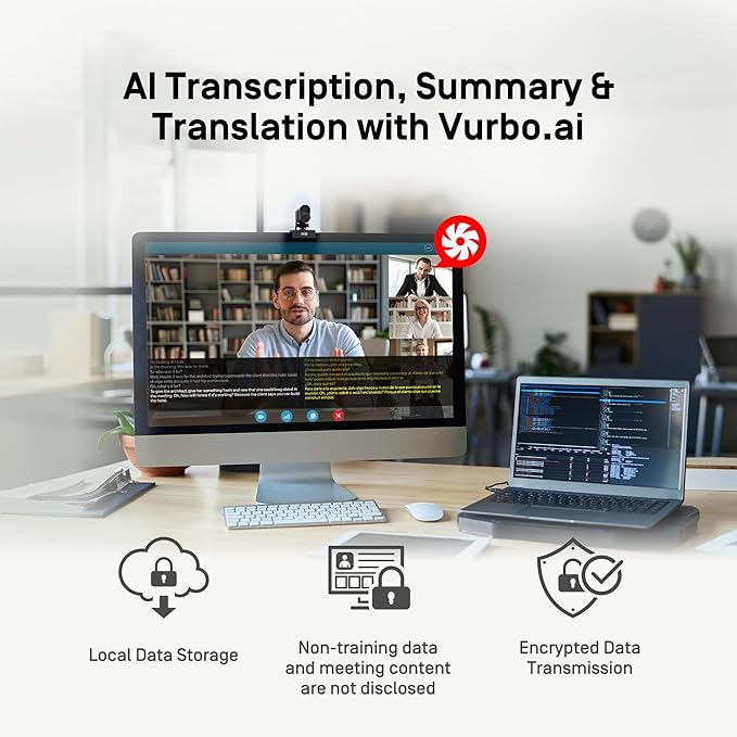 IPEVO VurboCam 4K Vurbo.ai-Powered Webcam, Ultra HD 13MP USB Camera for PC/Mac, AI Meeting Notes, Real-Time Translation, Noise Reduction Mic, Plug-and-Play for Zoom, Teams