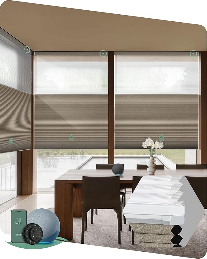 Yoolax Smart Motorized Day and Night Cellular Shades with Remote, Top Down Bottom Up Blinds Compatible with Alexa, Blackout and Light Filtering Honeycomb Blinds (Light Coffee)