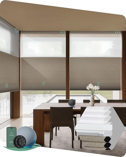 Yoolax Smart Motorized Day and Night Cellular Shades with Remote, Top Down Bottom Up Blinds Compatible with Alexa, Blackout and Light Filtering Honeycomb Blinds (Light Coffee)