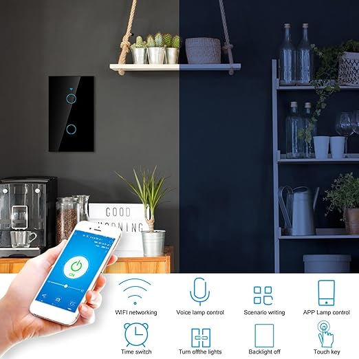 WiFi Touch Screen Switch & Home, Fireproof ABS & Tempered Glass, 2-Way Smart Switch, App Control, 10A 2200W, Supports Multiple Languages