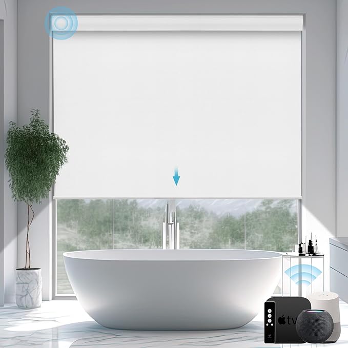 SmartWings Motorized Smart Blinds with Remote, Custom Automatic 100% Blackout Roller Shade Compatible with Alexa/Homekit/Google, Electric Smart Blinds for Indoor Windows, Vinyl Pure White