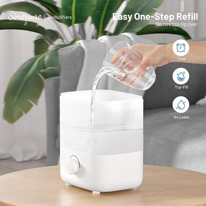 SimerSure Top Fill Humidifier, 2L Water Tank for Bedroom, 28H Long Lasting New White Air Humidifier for Large Room, Ultra Quiet 25dB Cool Mist for Baby, Plants, Office, Easy to Clean & Fill