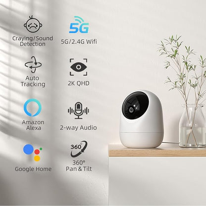 Rraycom 3Pack 4MP Indoor Baby & Pet Monitor Camera, 360° Auto Tracking, Cry & Sound Detection, Dual-Band 2.4G/5G WiFi, SD & Free Cloud Storage, Alexa & Google Home Compatible