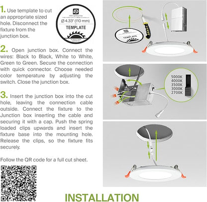 ASD 6 Pack LED Recessed Lighting 4 Inch 12W, 5 CCT 2700K-5000K CRI90+, IC Rated Ultra Thin Dimmable Ceiling Lights with J Box, Canless Wafer Downlight, Round Slim Panel Light, Energy Star ETL, White