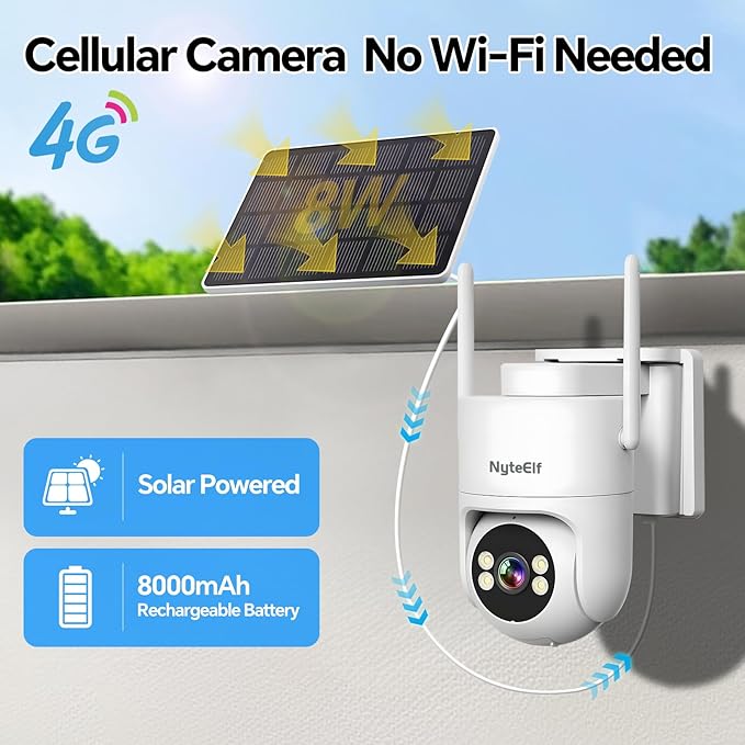 4G LTE Solar Security Camera, 2K Color Night Vision, No WiFi Needed,8W Solar & Battery Powered, Low Power, 24/7 AOV Recording,355° PTZ, AI Human Detection, IP66 Waterproof (White, 1 Lens)