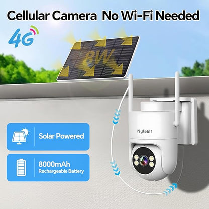 4G LTE Solar Security Camera, 2K Color Night Vision, No WiFi Needed,8W Solar & Battery Powered, Low Power, 24/7 AOV Recording,355° PTZ, AI Human Detection, IP66 Waterproof (White, 1 Lens)