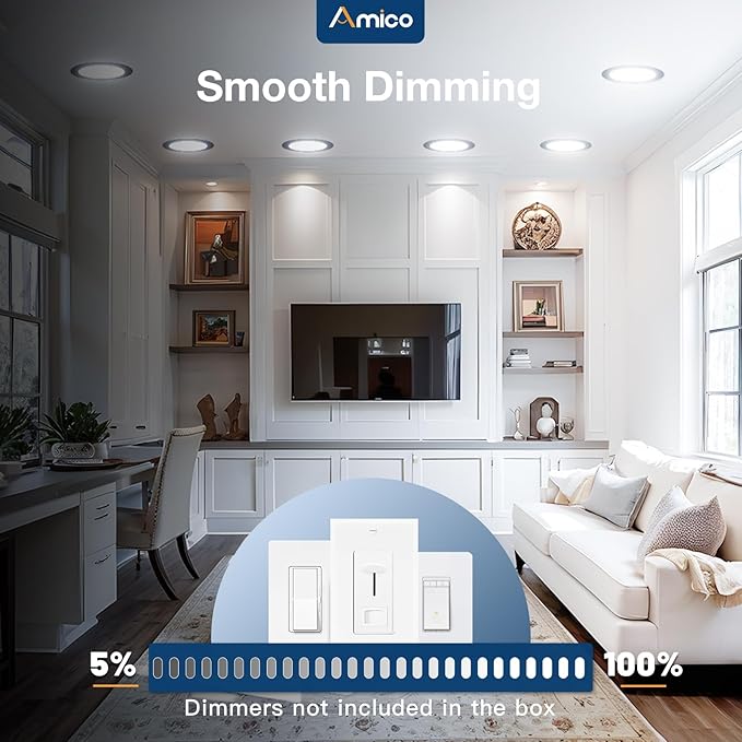 Amico 12 Pack 7 Inch 5CCT Ultra-Thin LED Canless Recessed Ceiling Light with Junction Box, 2700K/3000K/3500K/4000K/5000K Selectable, 15W=100W, 1300LM Brightness, Dimmable Wafer Downlight,ETL&FCC,Black