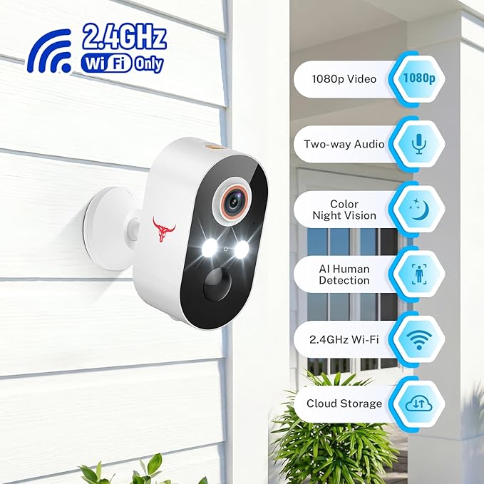 1080P Wireless Security Camera Outdoor, Battery Powered, AI Human Detection, Color Night Vision, 2-Way Audio, IP65 Waterproof, 2.4G Wi-Fi, Cloud Storage