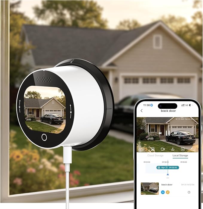 SOLIOM 5MP Window Camera with LCD Touchscreen,Indoor Camera for Home Security Outdoor,24/7 Recording,Anti-Glare Color Night Vision,AI Motion Detection, No-Drill Install for Apartments & Rentals