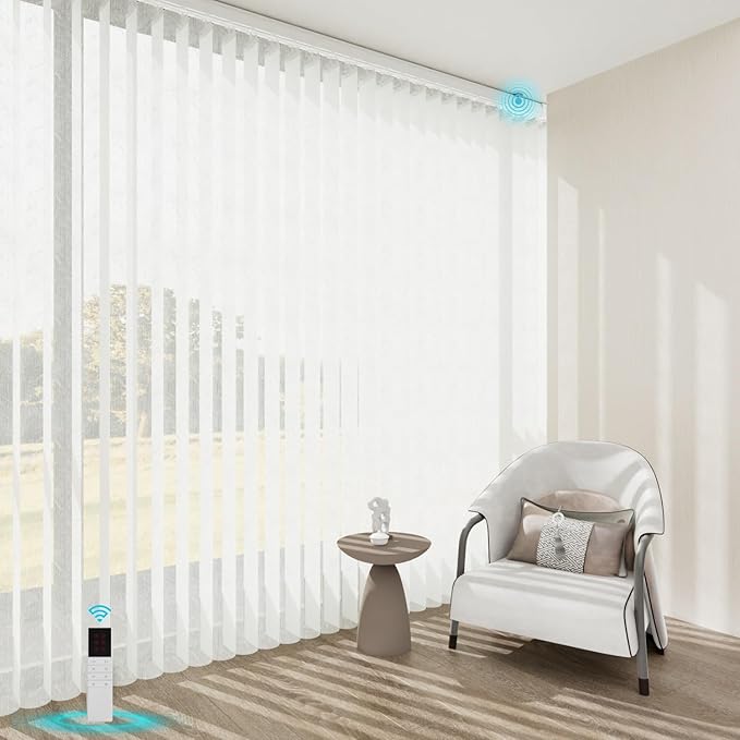 Motorized Sheer Vertical Blinds with Remote, Light Filtering Vertical Blind Sliding Door Blinds Remote Control Blinds for Sliding Glass Door Customize(Jacquard White)