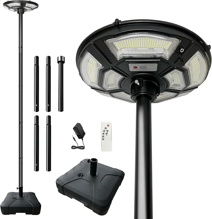 89" Solar Street Light with Galvanized Steel Pole and Heavy Duty Base, Outdoor Dusk to Dawn 750 LED Solar Lamp Post with DC Port for Yard Garden Patio, Waterproof, Motion Sensor & Remote