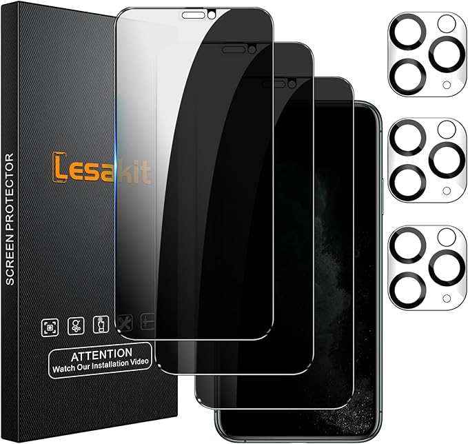 Lesakit 3+3 Pack Privacy Screen Protector for iPhone 11 Pro Max 6.5-Inch with 3 Pack Camera Lens Protector, Anti Spy Tempered Glass Film 9H Hardness Bubble Free Case Friendly