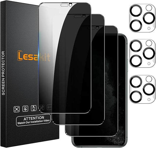 Lesakit 3+3 Pack Privacy Screen Protector for iPhone 11 Pro Max 6.5-Inch with 3 Pack Camera Lens Protector, Anti Spy Tempered Glass Film 9H Hardness Bubble Free Case Friendly