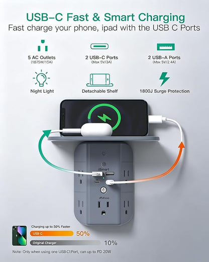 PD20W Wall Outlet Extender with Shelf & Night Light – 5 AC Outlets, 2 USB-A, 2 USB-C, 3-Sided Wide-Space Design, Surge Protector, Multi-Plug Outlet Splitter – Ideal for Home, College Dorm, RV, Gray