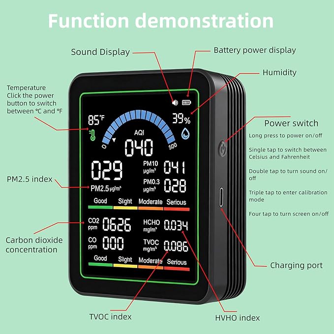 Smart Air Quality Monitor Indoor for Home, Portable CO2 Detector for Travel, Multi Pollutant Air Quality Tester for CO2, VOC, HCHO, PM2.5, PM10, PM0.3, Temperature and Humidity, Digital Display