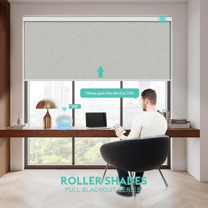 Motorized Blinds with Remote, Blackout Smart Automatic Electric Blinds for Windows Compatible with Alexa Homekit, Cordless Indoor Motorized Roller Shades with Custom Size（Daybreak Linen）