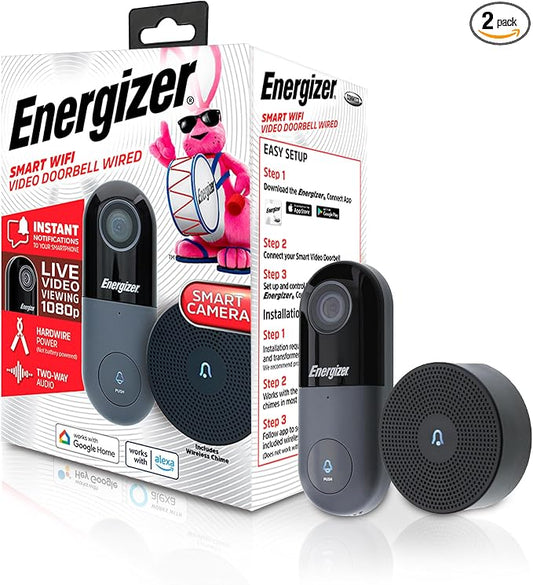 Energizer Connect Smart 1080p Security Video Doorbell Wired & Chime, Requires Existing Doorbell Wires, 2-Way audio, Cloud Storage, Remote Access, Voice control works with Alexa & Google Assistant