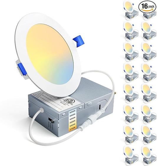 Ensenior 16 Pack Ultra-Thin LED Recessed Lighting 4 Inch 6CCT with Junction Box, 2700K-6000K Selectable, 9W 75W Eqv, Dimmable Can-Killer Downlight, 750LM High Brightness - ETL