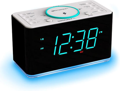Emerson ER100401 Smartset 15Watt Ultra Fast Wireless Charging Dual Alarm Clock Radio with Bluetooth Speaker, USB Charger, Cyan LED Night Light and 1.4" Display