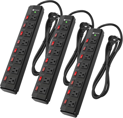 3PCS 8 Outlet Heavy Duty Power Strip with 8 Individual Switches,Moutable Metal Power Strip Surge Protector 1200 Joules,6FT 14AWG Extension Cord,15A 1800W 125V 60Hz