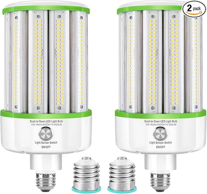 GEPLAD 2 Pack Dusk to Dawn LED Corn Light Bulbs 100W(Equivalent 1000W), E26/E39 Base, 14,000LM 5000K Daylight, Auto On/Off Photocell Sensor, Outdoor LED Light Bulbs for Porch Garage Yard Security