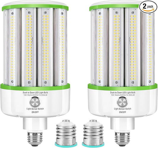 GEPLAD 2 Pack Dusk to Dawn LED Corn Light Bulbs 100W(Equivalent 1000W), E26/E39 Base, 14,000LM 5000K Daylight, Auto On/Off Photocell Sensor, Outdoor LED Light Bulbs for Porch Garage Yard Security