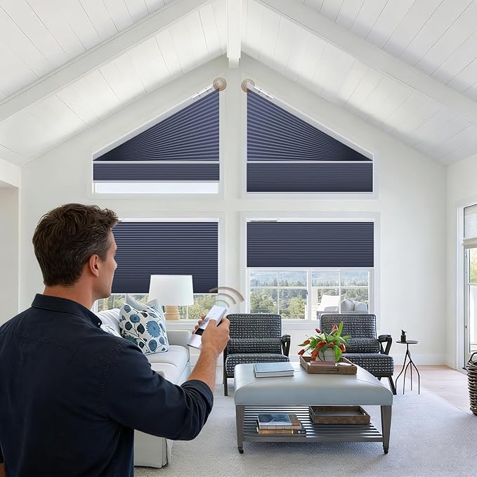 Godark Smart Angled Customized Blackout Honeycomb Blinds Suitable for Trapezoidal/Triangular/Polygonal Windows Motorized Cellular Shades Compatible with Alexa/Google Home/Tuya APP-Dark Blue