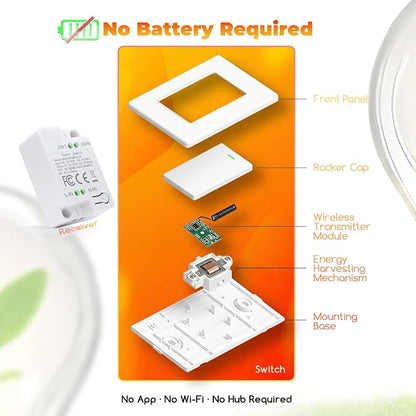 Wireless Remote Light Switch Kit, 2 Switches + 1 Receiver, Battery-Free Wireless Wall Switch, No New in-Wall Wiring, No Wi-Fi, for Stairs, Hallway, Bedroom