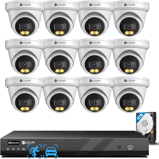 4COVR 12MP Security Camera System 16 Channel for Business, 12X 12MP Wired PoE IP Dome Cameras IP67, 2-Way Audio, Person Vehicle Detection & Smart Color Night Vision, UltraHD NVR 4TB HDD, LY97KAAM1612
