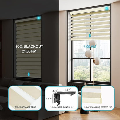 Motorized Zebra Blinds with Remote, Work with HomeKit Alexa, Smart Light Filtering Horizontal Automatic Electric Window Shades for Home Office Customsize（90% Blackout Beige）