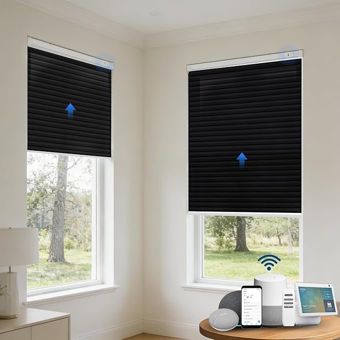 Motorized Cellular Shades with Remote, Light Filtering Smart Cellular Shades Compatible with Alexa, Honeycomb Window Blinds for Bedroom Home Office, Custom Size, Half Shading Black