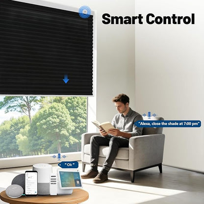 Motorized Cellular Shades with Remote, Light Filtering Smart Cellular Shades Compatible with Alexa, Honeycomb Window Blinds for Bedroom Home Office, Custom Size, Half Shading Midnight Spark