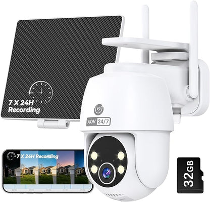 MUBVIEW 24/7 Continuous Recording Wireless Outdoor Security Camera, 2.4G WiFi, 2K Solar Powered, 360° PTZ, Auto Tracking, SD Included, Optional Cloud Storage, AI Detection, Night Vision(White,1 Pack)