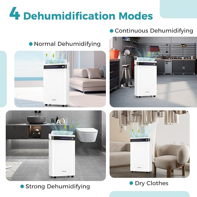 COSTWAY 4,500 Sq. Ft Dehumidifier for Basement, 3-Color Humidity Indicator, Dry Clothes Mode, 12" Drain Hose & Wheels, 57 Pint/Day Dehumidifier for Large Room (White&Black)