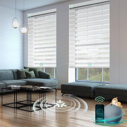 Yoolax Motorized Matter Zebra Blinds Compatible with Alexa, Google Home, Apple HomeKit, Room Darkening Smart Blinds, Privacy Light Control Horizontal Window Blind for Home (75% Shading Layer White)